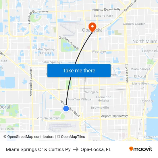 Miami Springs Cr & Curtiss Py to Opa-Locka, FL map