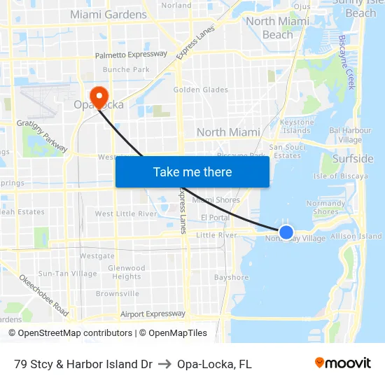 79 Stcy & Harbor Island Dr to Opa-Locka, FL map