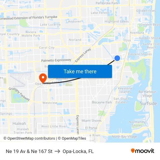 Ne 19 Av & Ne 167 St to Opa-Locka, FL map