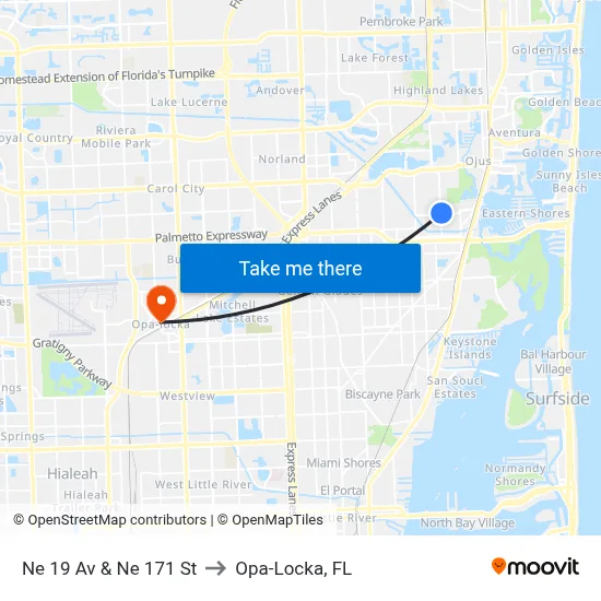 Ne 19 Av & Ne 171 St to Opa-Locka, FL map