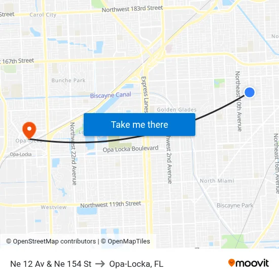 Ne 12 Av & Ne 154 St to Opa-Locka, FL map