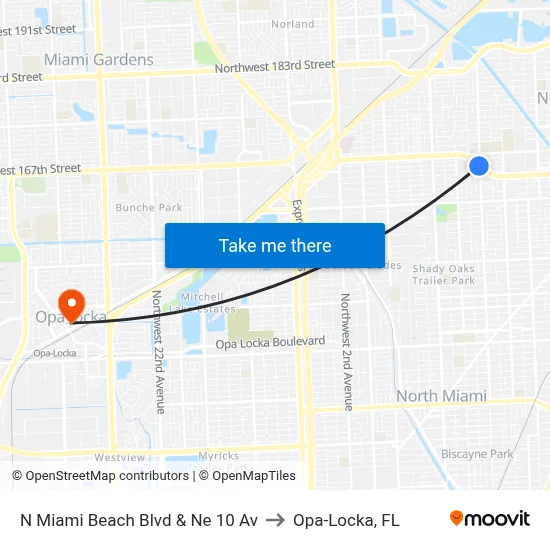 N Miami Beach Blvd & Ne 10 Av to Opa-Locka, FL map