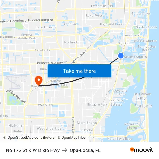 Ne 172 St & W Dixie Hwy to Opa-Locka, FL map