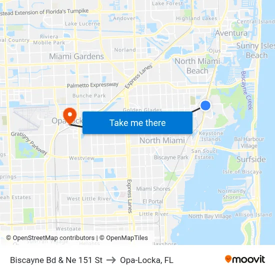 Biscayne Bd & Ne 151 St to Opa-Locka, FL map