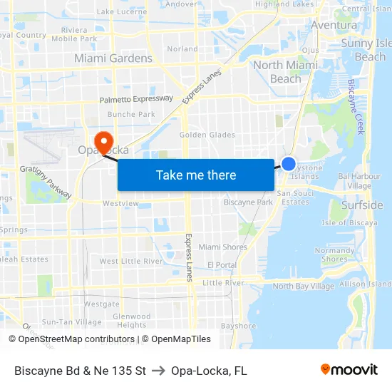 Biscayne Bd & Ne 135 St to Opa-Locka, FL map