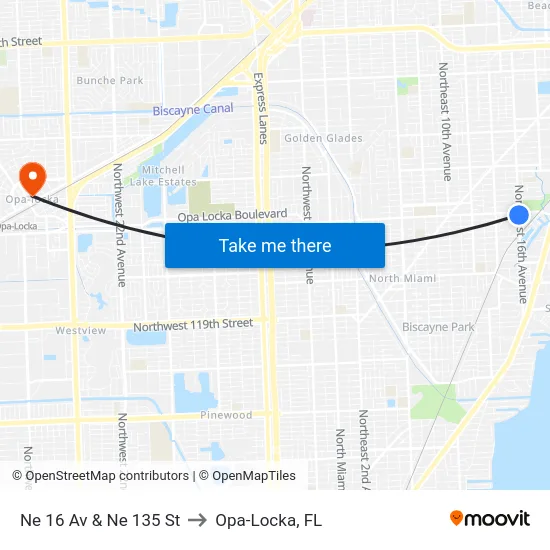 Ne 16 Av & Ne 135 St to Opa-Locka, FL map