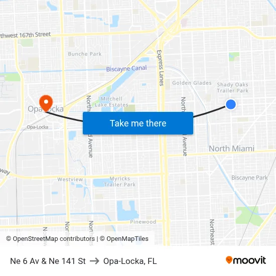 Ne 6 Av & Ne 141 St to Opa-Locka, FL map