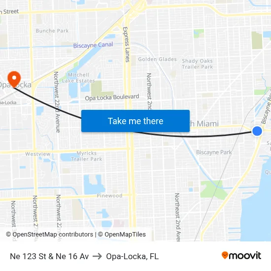 Ne 123 St & Ne 16 Av to Opa-Locka, FL map