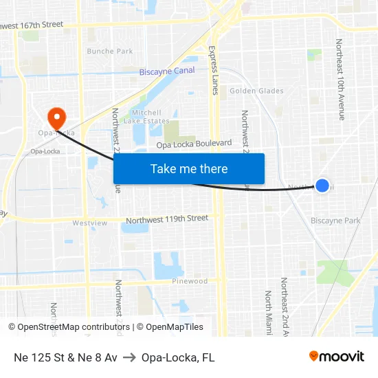 Ne 125 St & Ne 8 Av to Opa-Locka, FL map