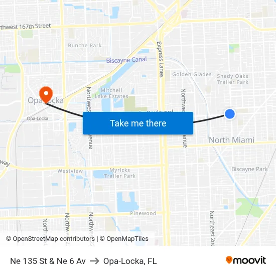 Ne 135 St & Ne 6 Av to Opa-Locka, FL map