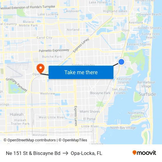 Ne 151 St & Biscayne Bd to Opa-Locka, FL map