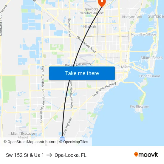 Sw 152 St & Us 1 to Opa-Locka, FL map