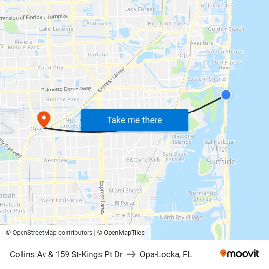 Collins Av & 159 St-Kings Pt Dr to Opa-Locka, FL map