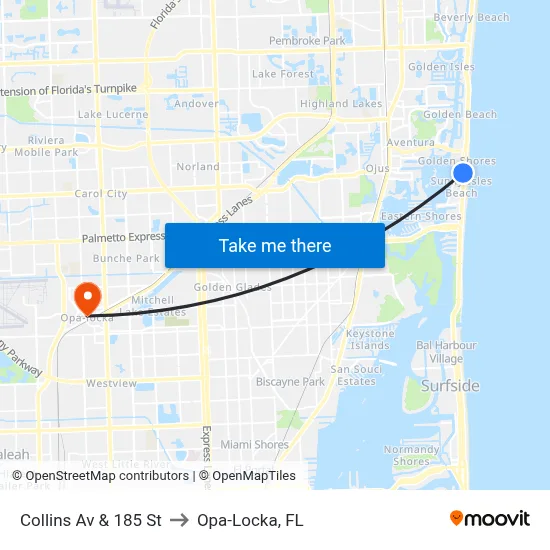 Collins Av & 185 St to Opa-Locka, FL map