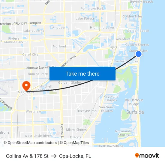 Collins Av & 178 St to Opa-Locka, FL map