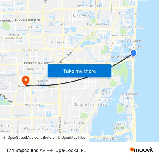 174 St@collins Av to Opa-Locka, FL map