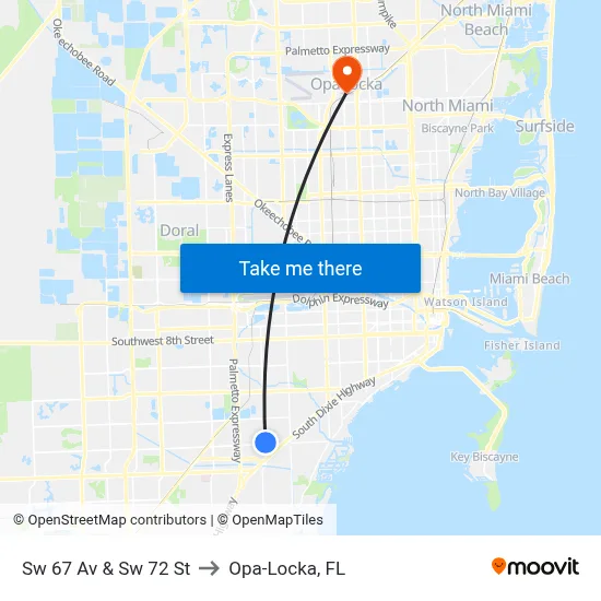 Sw 67 Av & Sw 72 St to Opa-Locka, FL map