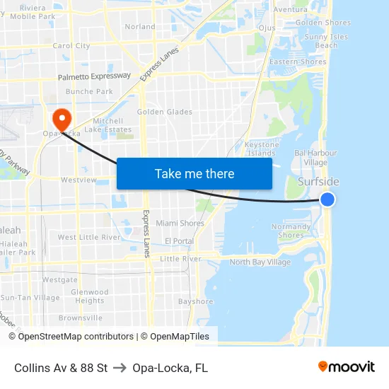 Collins Av & 88 St to Opa-Locka, FL map