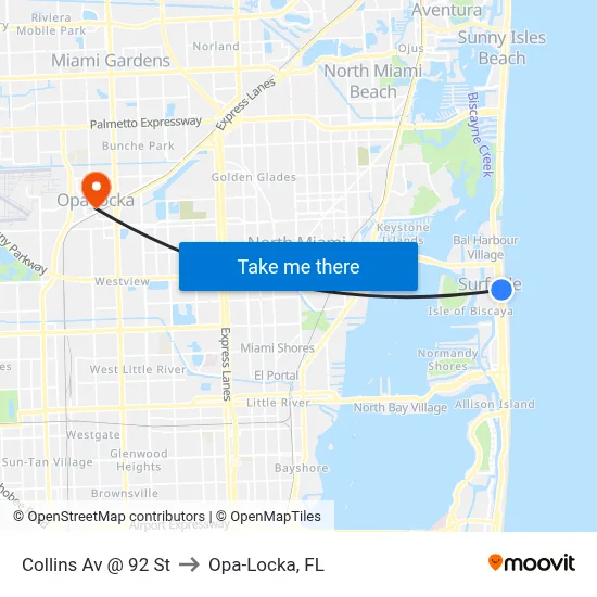 Collins Av @ 92 St to Opa-Locka, FL map
