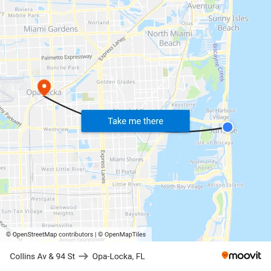 Collins Av & 94 St to Opa-Locka, FL map