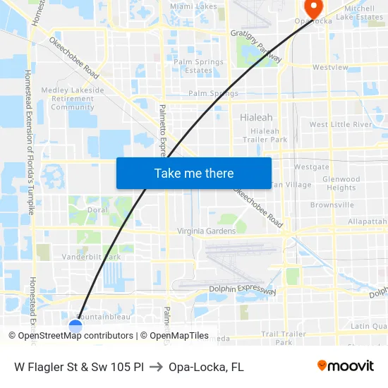 W Flagler St & Sw 105 Pl to Opa-Locka, FL map