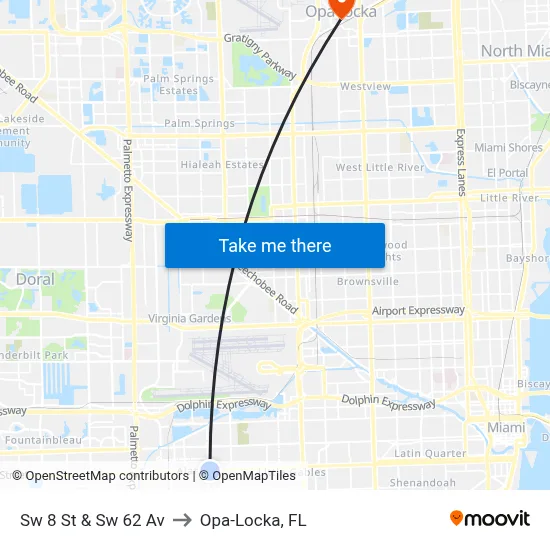 Sw 8 St & Sw 62 Av to Opa-Locka, FL map