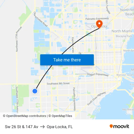 Sw 26 St & 147 Av to Opa-Locka, FL map
