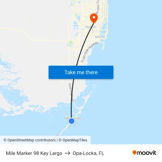 Mile Marker 98 Key Largo to Opa-Locka, FL map
