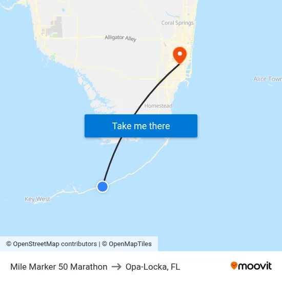 Mile Marker 50 Marathon to Opa-Locka, FL map