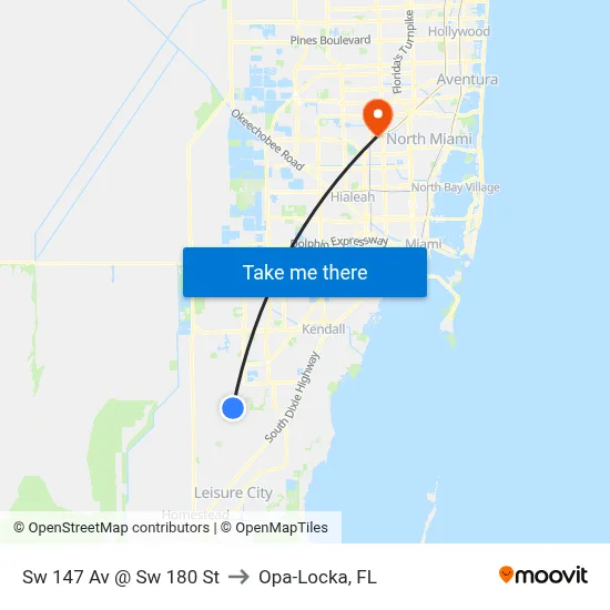 Sw 147 Av @ Sw 180 St to Opa-Locka, FL map