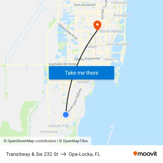 Transitway & Sw 232 St to Opa-Locka, FL map