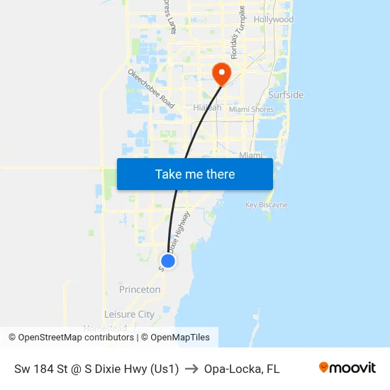 Sw 184 St @ S Dixie Hwy (Us1) to Opa-Locka, FL map