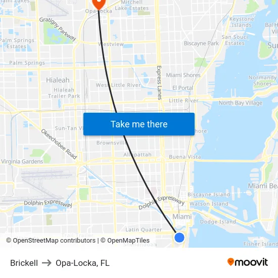 Brickell to Opa-Locka, FL map