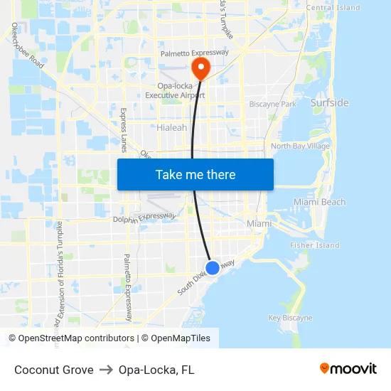 Coconut Grove to Opa-Locka, FL map