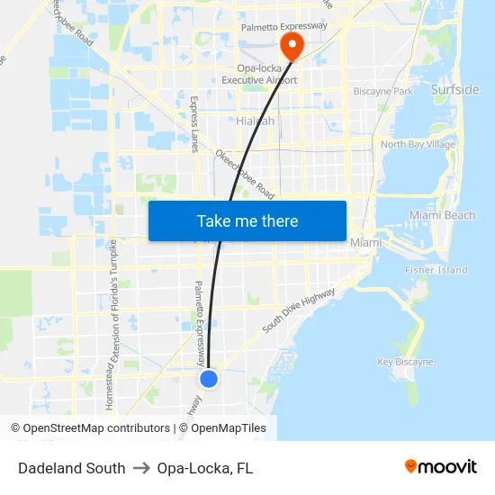 Dadeland South to Opa-Locka, FL map