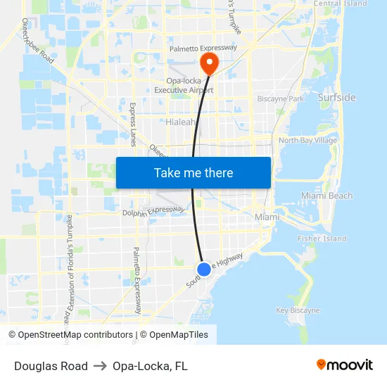 Douglas Road to Opa-Locka, FL map