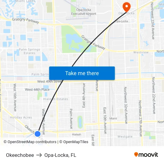 Okeechobee to Opa-Locka, FL map