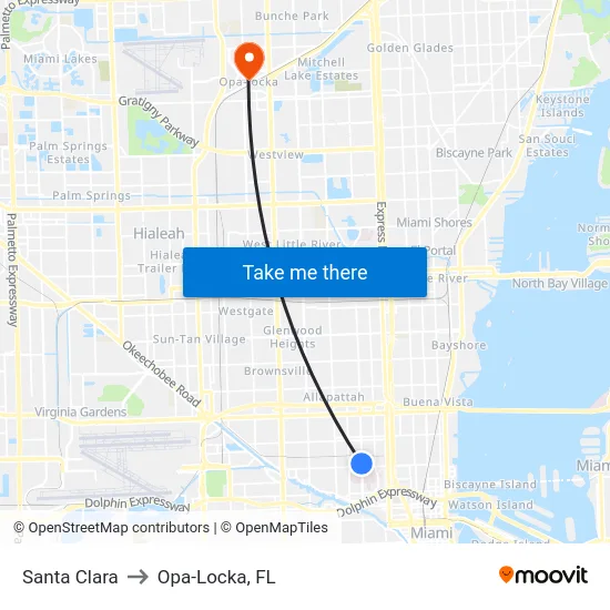 Santa Clara to Opa-Locka, FL map