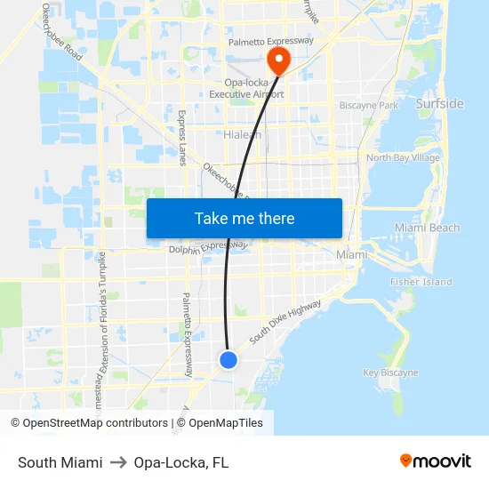 South Miami to Opa-Locka, FL map