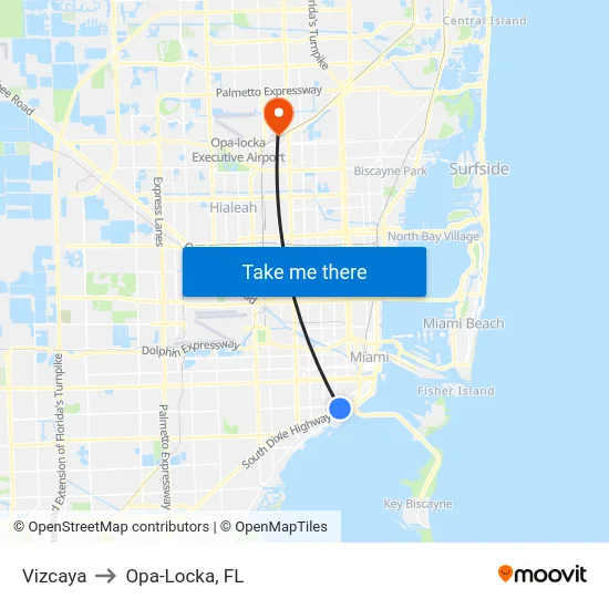 Vizcaya to Opa-Locka, FL map