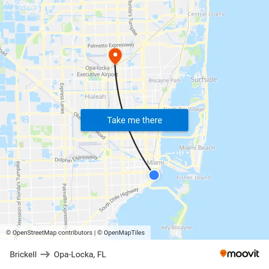 Brickell to Opa-Locka, FL map