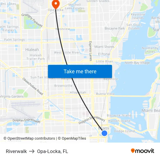 Riverwalk to Opa-Locka, FL map