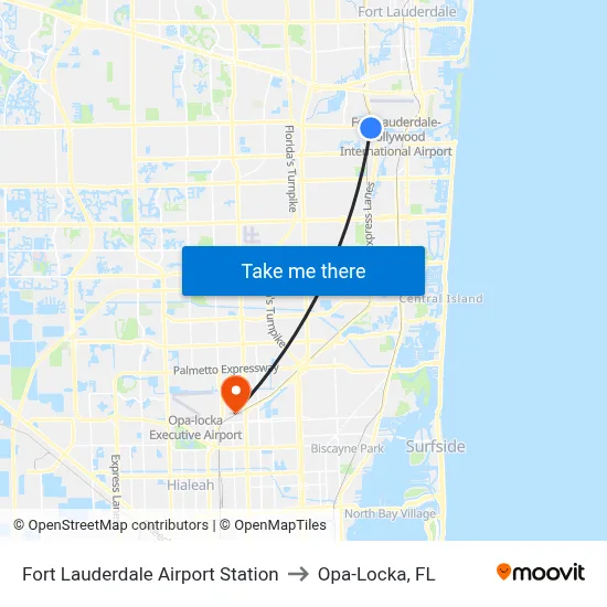 Fort Lauderdale Airport Station to Opa-Locka, FL map