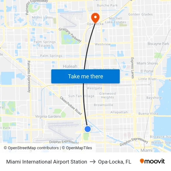Miami International Airport Station to Opa-Locka, FL map