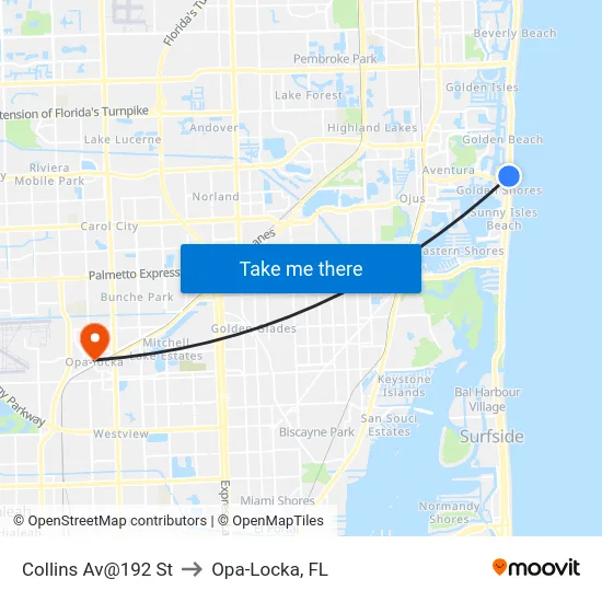 Collins Av@192 St to Opa-Locka, FL map