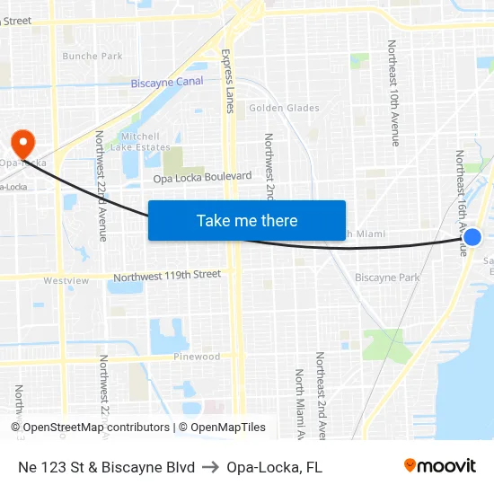 Ne 123 St & Biscayne Blvd to Opa-Locka, FL map