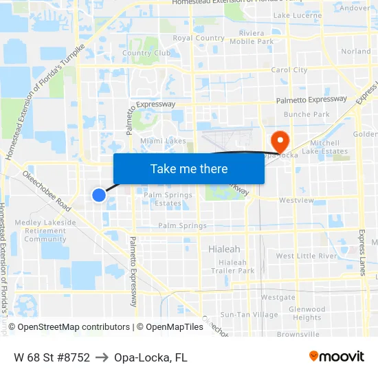 W 68 St #8752 to Opa-Locka, FL map
