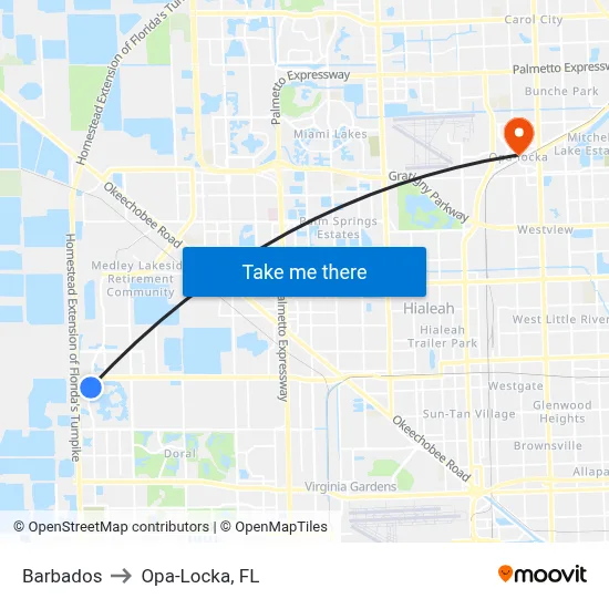 Barbados to Opa-Locka, FL map