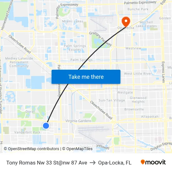 Tony Romas Nw 33 St@nw 87 Ave to Opa-Locka, FL map