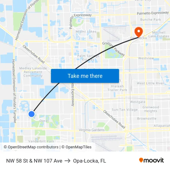 NW 58 St & NW 107 Ave to Opa-Locka, FL map